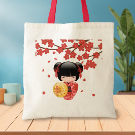 Bolsa Tote Red Sakura Kokeshi Doll - Geisha Japonês