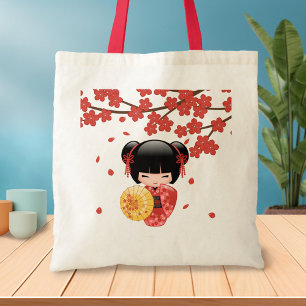 Bolsa Tote Red Sakura Kokeshi Doll - Geisha Japonês