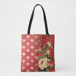 Bolsa Tote Red Vintage Pontos Chique Corações Misturar Florai