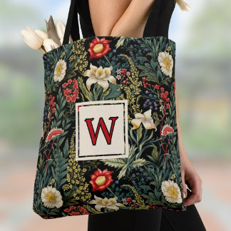 Bolsa Tote Red White Green Lilies Dahlias Floral Monogram
