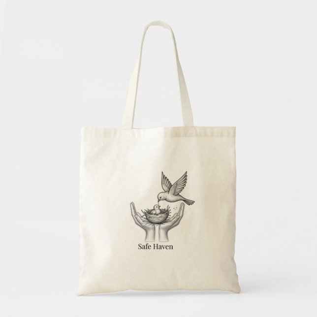 Bolsa Tote Refúgio Seguro - Pássaro nas Mãos Humanas Arte da  (Frente)