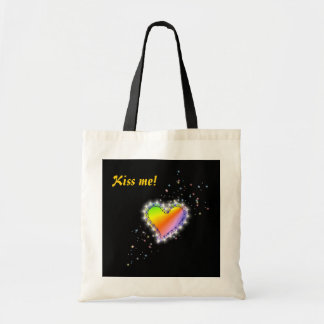 Bolsa Tote Regenbogen-Herz mit Sternchen auf schwarz