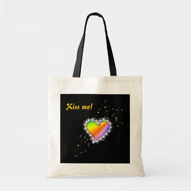 Bolsa Tote Regenbogen-Herz mit Sternchen auf schwarz (Frente)