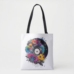 Bolsa Tote Registro de vinilo com flores coloridas