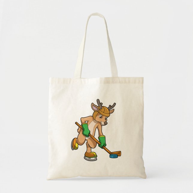Bolsa Tote Reindeer no hóquei no gelo com bastão de hóquei (Frente)