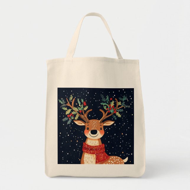 Bolsa Tote Reindeer Starry Natal Twinkle Night (Frente)