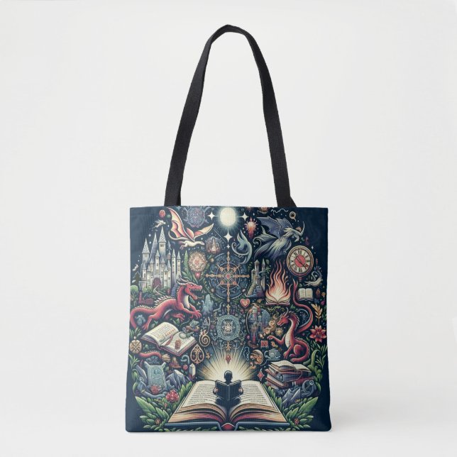 Bolsa Tote Reino da Imaginação: Livros de Fantasia (Frente)