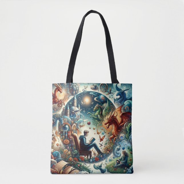 Bolsa Tote Reino da Imaginação: Livros de Fantasia (Frente)