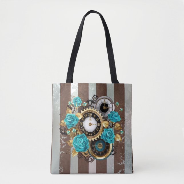 Bolsa Tote Relógio e Rosas de Turquesa em Striping (Frente)