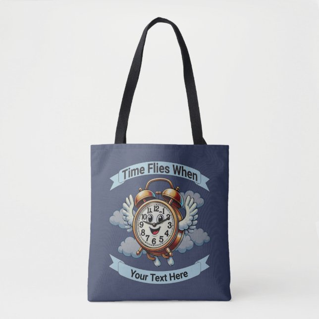 Bolsa Tote Relógio Voador "O Tempo Voa Quando" Personalizável (Frente)