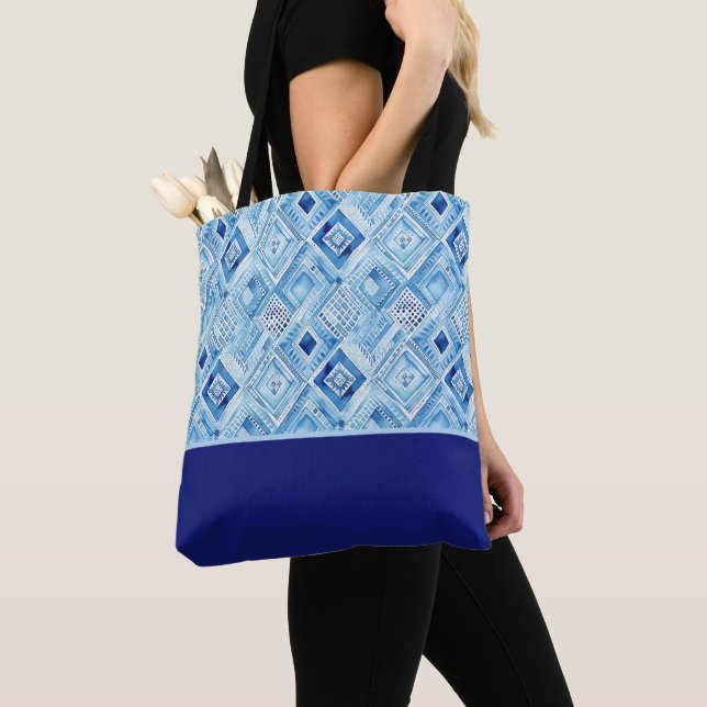 Bolsa Tote Remendo de Patchwork em Forma de Diamante Azul e B (Close Up)