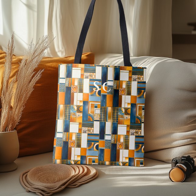 Bolsa Tote Remendo Geométrico de Outono com Laranja e Azul (Criador carregado)