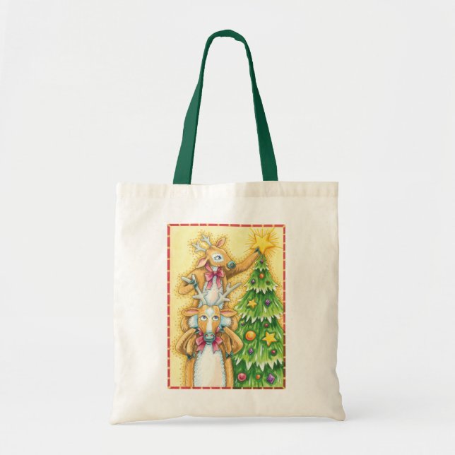 Bolsa Tote Rena de Natal Fofa Com Estrela de Árvore de Natal (Frente)