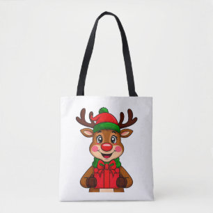 Bolsa Tote Rena de Natal Fofa Segurando um Presente