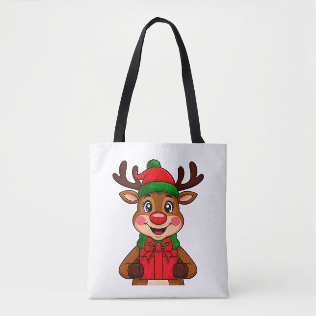 Bolsa Tote Rena de Natal Fofa Segurando um Presente (Frente)