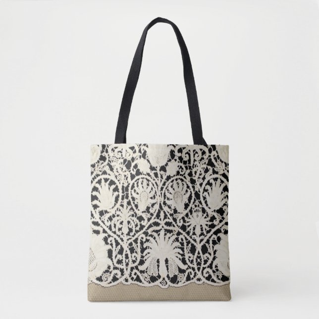Bolsa Tote Renda Antiga Linho Branco Clássico Bonito Casament (Frente)