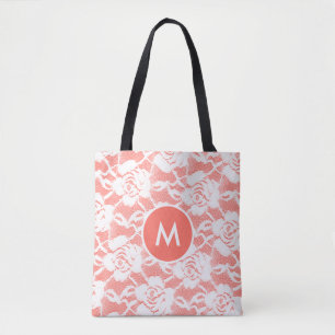 Bolsa Tote Renda Coral Branco Chantilly Vintage Monogramada