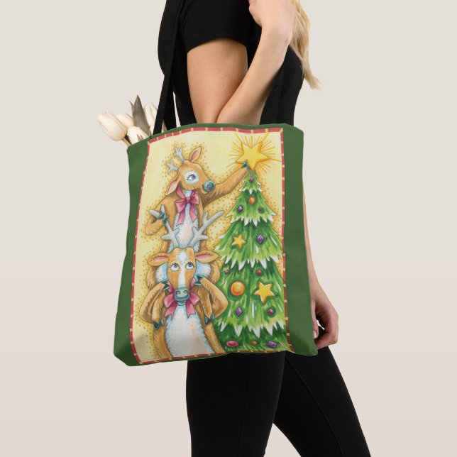 Bolsa Tote Renos de Natal Fofos Com Estrela de Árvore de Nata (Close Up)