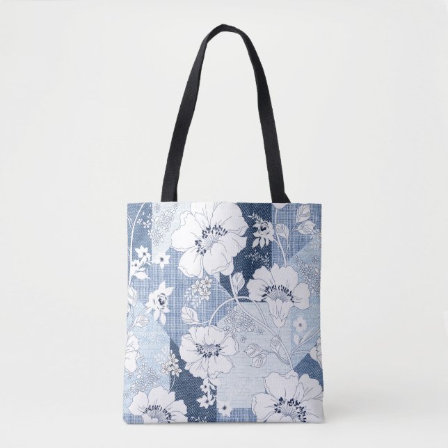 Bolsa Tote retalhamento de denim sem costura em flor (Frente)