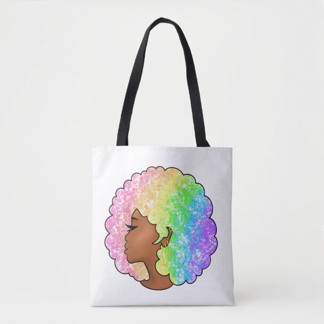 Bolsa Tote Retrato Afro Arco-íris Pastel Groovy Retro Cabelo  (Frente)