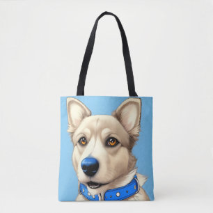 Bolsa Tote Retrato aproximado de um cão usando uma coleira az