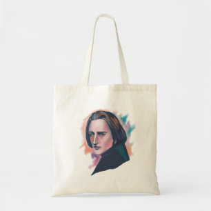 Bolsa Tote Retrato Colorido de Liszt com Citação em Aquarela