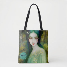 Bolsa Tote Retrato da Mulher Fantasia Elegante em Verde e Azu