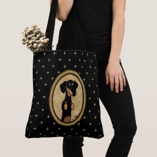 Bolsa Tote Retrato Dachshund de Quadro Oval Dourado (preto e