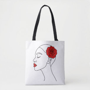 Bolsa Tote Retrato de Arte em Linha da Mulher com Rosa vermel