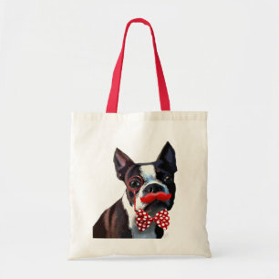 Bolsa Tote Retrato de Boston Terrier com Arco Vermelho e 2