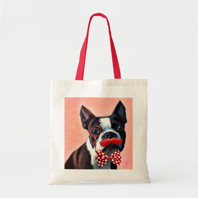 Bolsa Tote Retrato de Boston Terrier com gravata de Arco verm (Frente)
