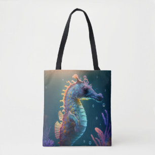 Bolsa Tote Retrato de Cavalo do Mar Pintura de Vida Selvagem