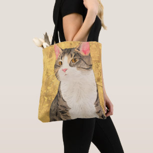 Bolsa Tote Retrato de Gato Branco da Cinza Vintage