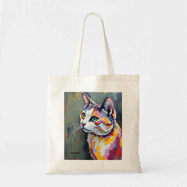 Bolsa Tote Retrato de Gato Colorido (Frente)