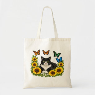 Bolsa Tote Retrato de Gato de Smoking com Coroa de Girassóis