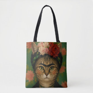 Bolsa Tote Retrato de Gato Frida Kahlo Impressão de Arte Flor