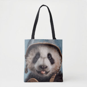 Bolsa Tote Retrato de Panda Gigante com Capacete Azul Vintage