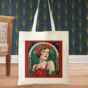 Bolsa Tote Retrato de senhora inspirado em Art Déco no Natal