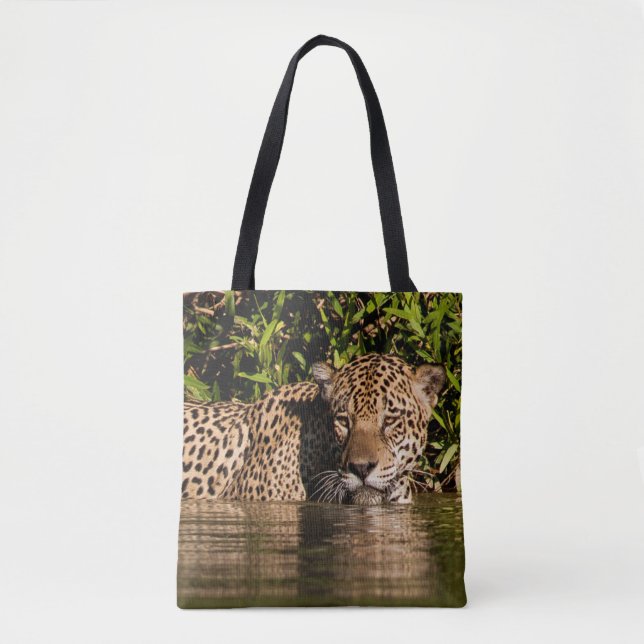 Bolsa Tote Retrato de uma onça-pintada nadando (Frente)