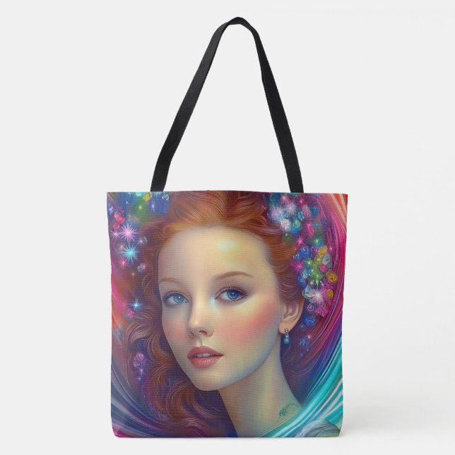 Bolsa Tote Retrato do Cabelo Arco-Íris Encantado (Frente)