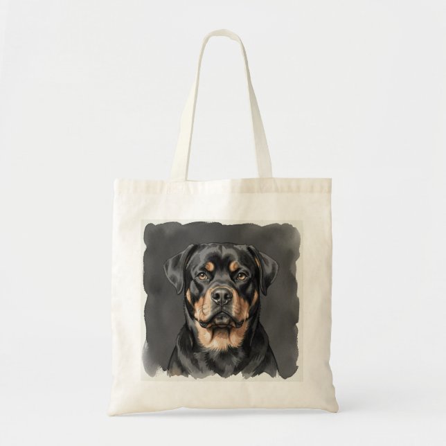 Bolsa Tote Retrato em Aquarela de Rottweiler (Frente)