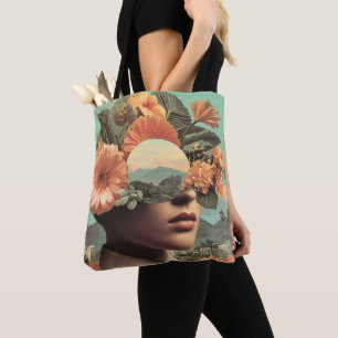 Bolsa Tote Retrato Feminino Surrealista com Elementos Florais