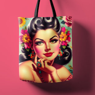 Bolsa Tote Retrato Fofo Floral Pin-up Retrô