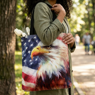 Bolsa Tote Retrato Majestoso de Águia Americana com Bandeira