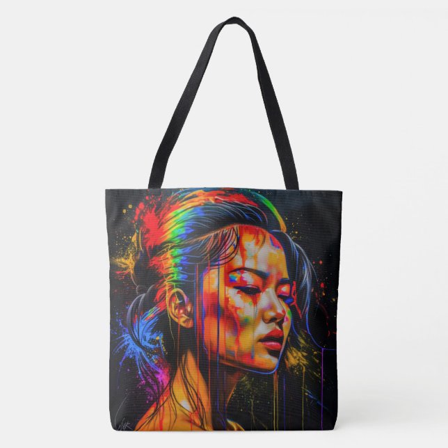 Bolsa Tote Retrato Neon Vibrante - Arte Expressionista Abstra (Frente)