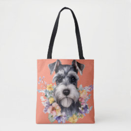 Bolsa Tote Retrato Schnauzer Bonito com Flores