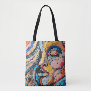 Bolsa Tote Retrato vibrante de pixel em tons ousados 