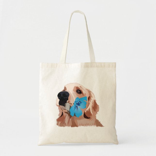 Bolsa Tote Retriever de ouro com Flor Azul (Frente)