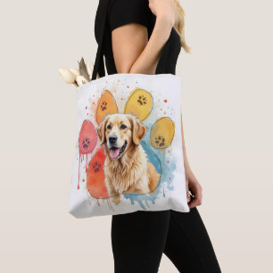 Bolsa Tote Retriever de ouro em Impressão de Pata de Aquarela