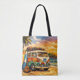 Bolsa Tote Retro 60s Hippie Beach Bus Sunset | Surf Life Art